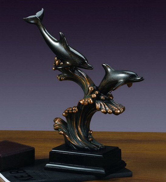 Two Dolphins Sculpture on Waves Classical Artwork Bronze Patina